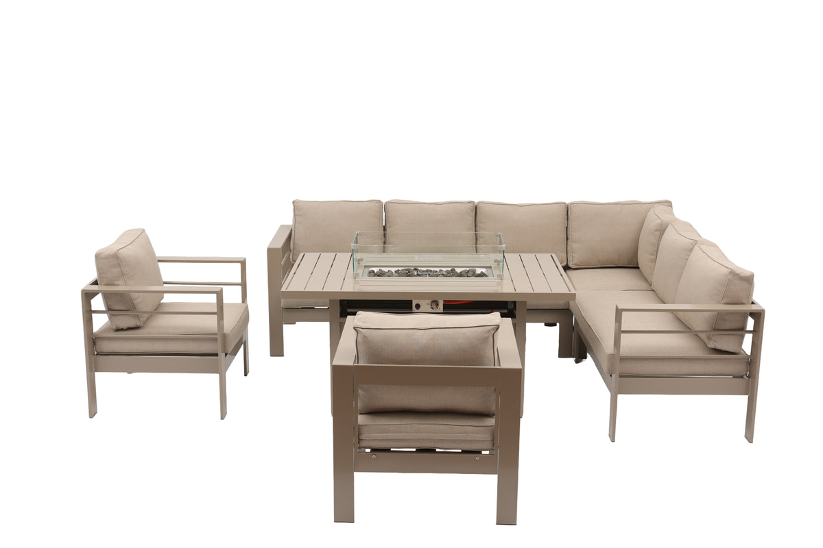 Aluminium Right-Hand Corner Garden Sofa Set with Fire Pit Table & Armchairs – Taupe / Natural (Copy)