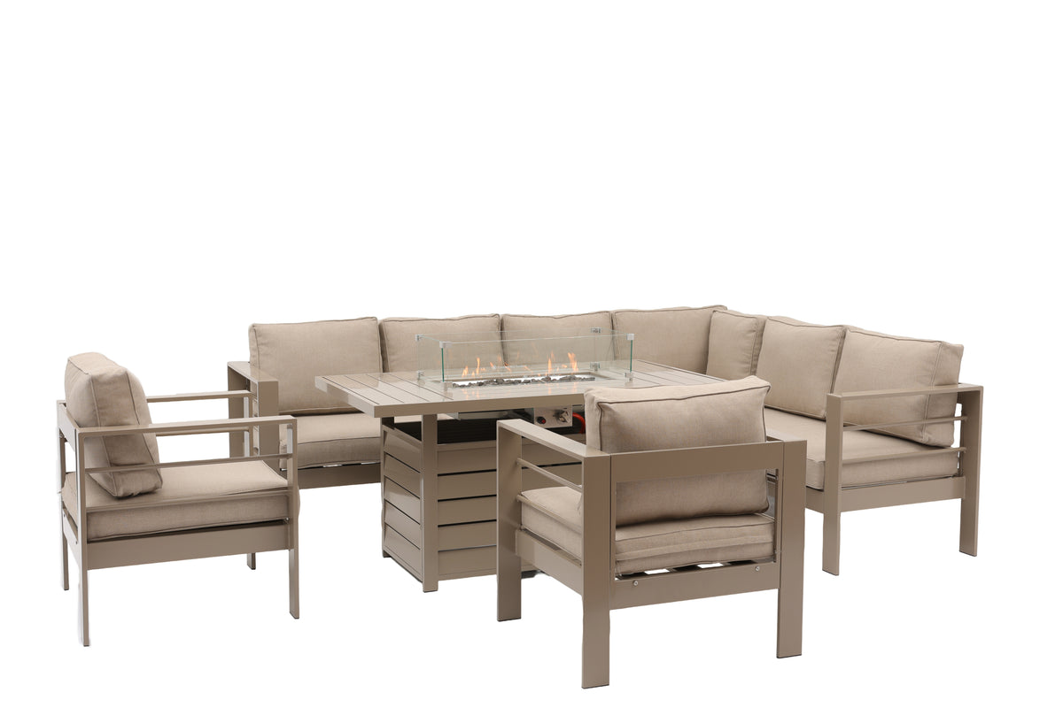 Aluminium Right-Hand Corner Garden Sofa Set with Fire Pit Table & Armchairs – Taupe / Natural (Copy)