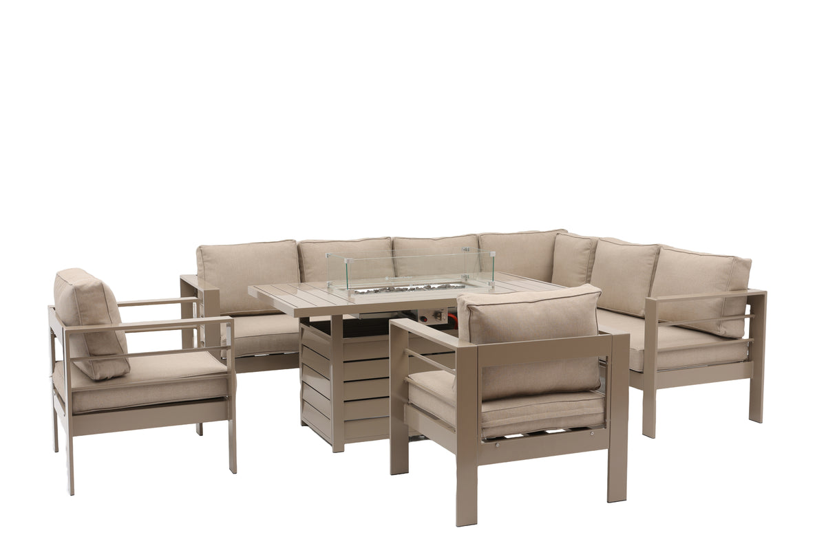 Aluminium Right-Hand Corner Garden Sofa Set with Fire Pit Table & Armchairs – Taupe / Natural (Copy)