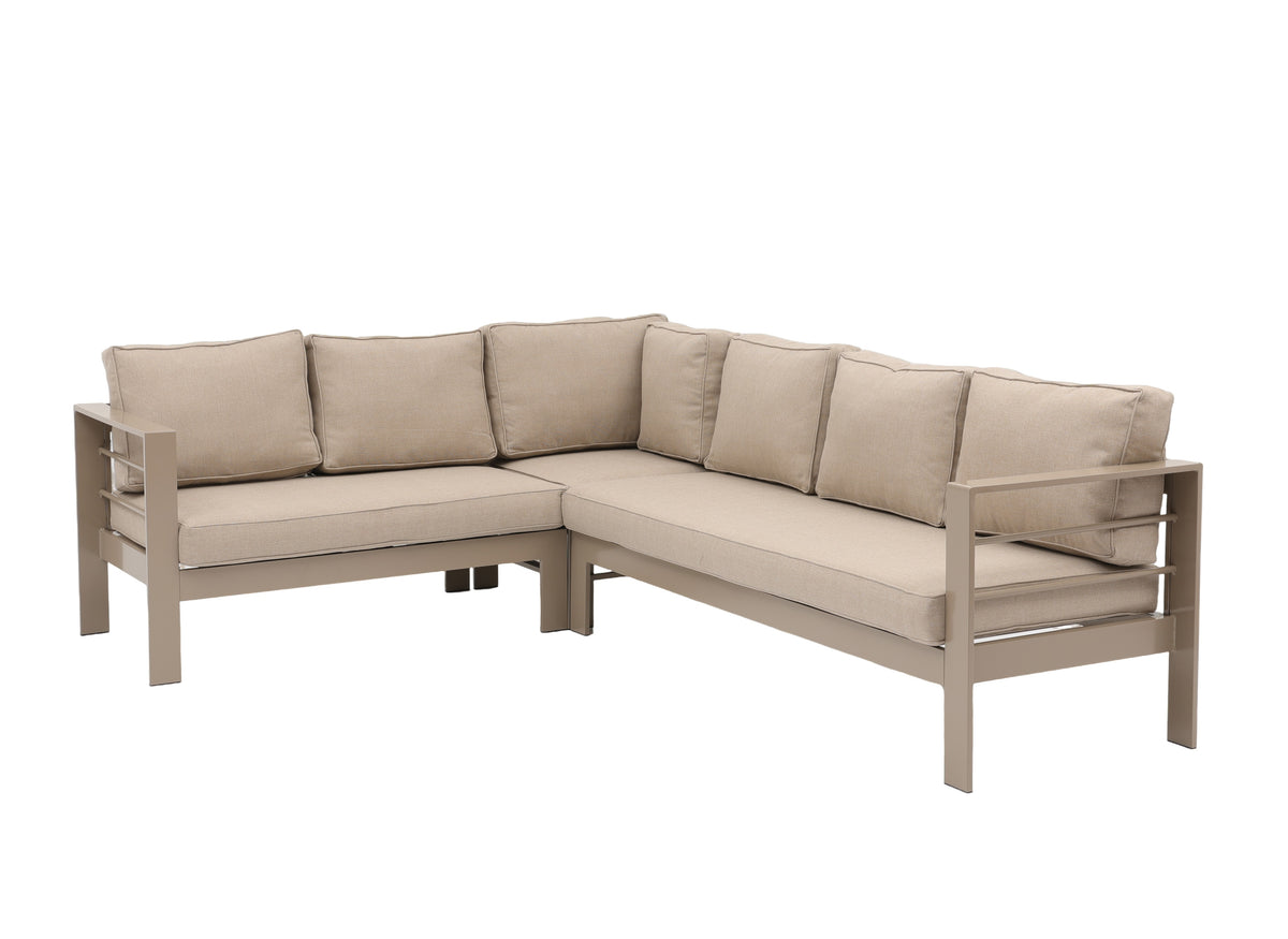 Aluminium Left-Hand Corner Garden Sofa Set with Fire Pit Table & Armchairs – Taupe / Natural