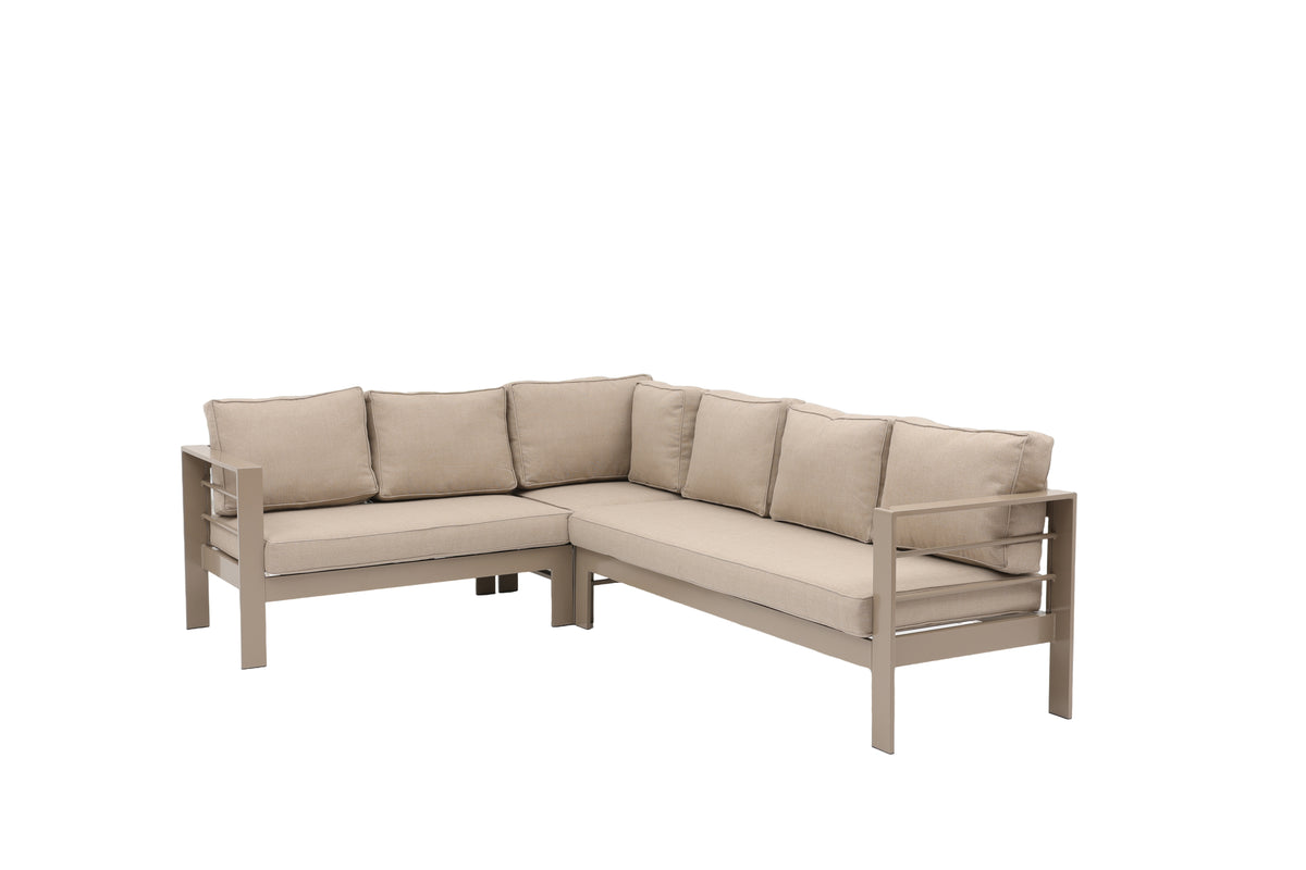 Aluminium Left Hand Corner Garden Sofa & Dining Set with Bench – Taupe / Natural