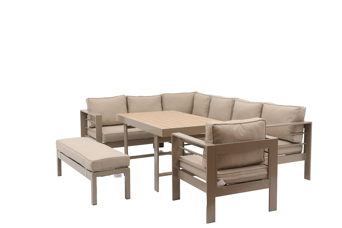 Aluminium Left Hand Corner Garden Sofa & Dining Set with Bench – Taupe / Natural