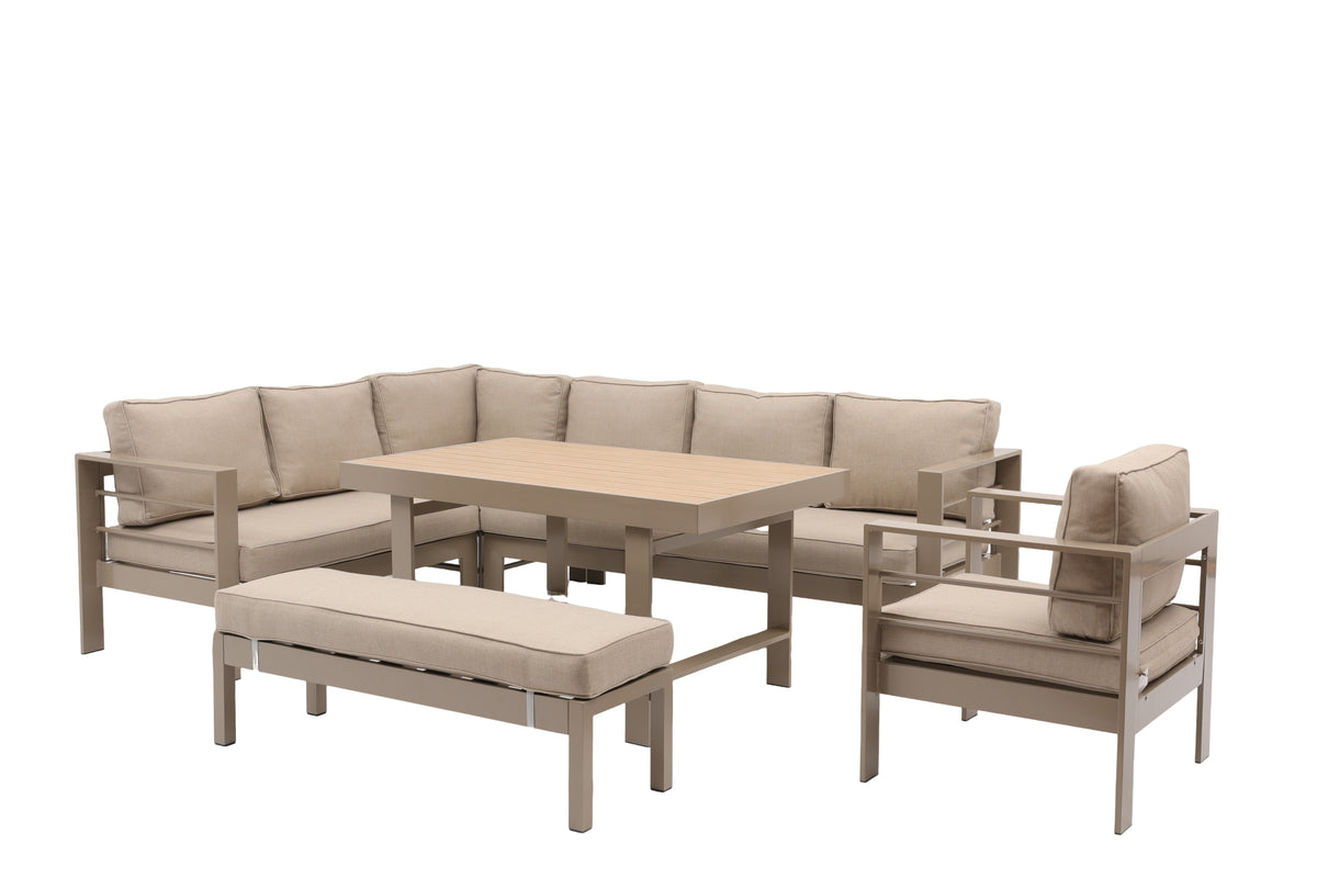 Aluminium Left Hand Corner Garden Sofa & Dining Set with Bench – Taupe / Natural