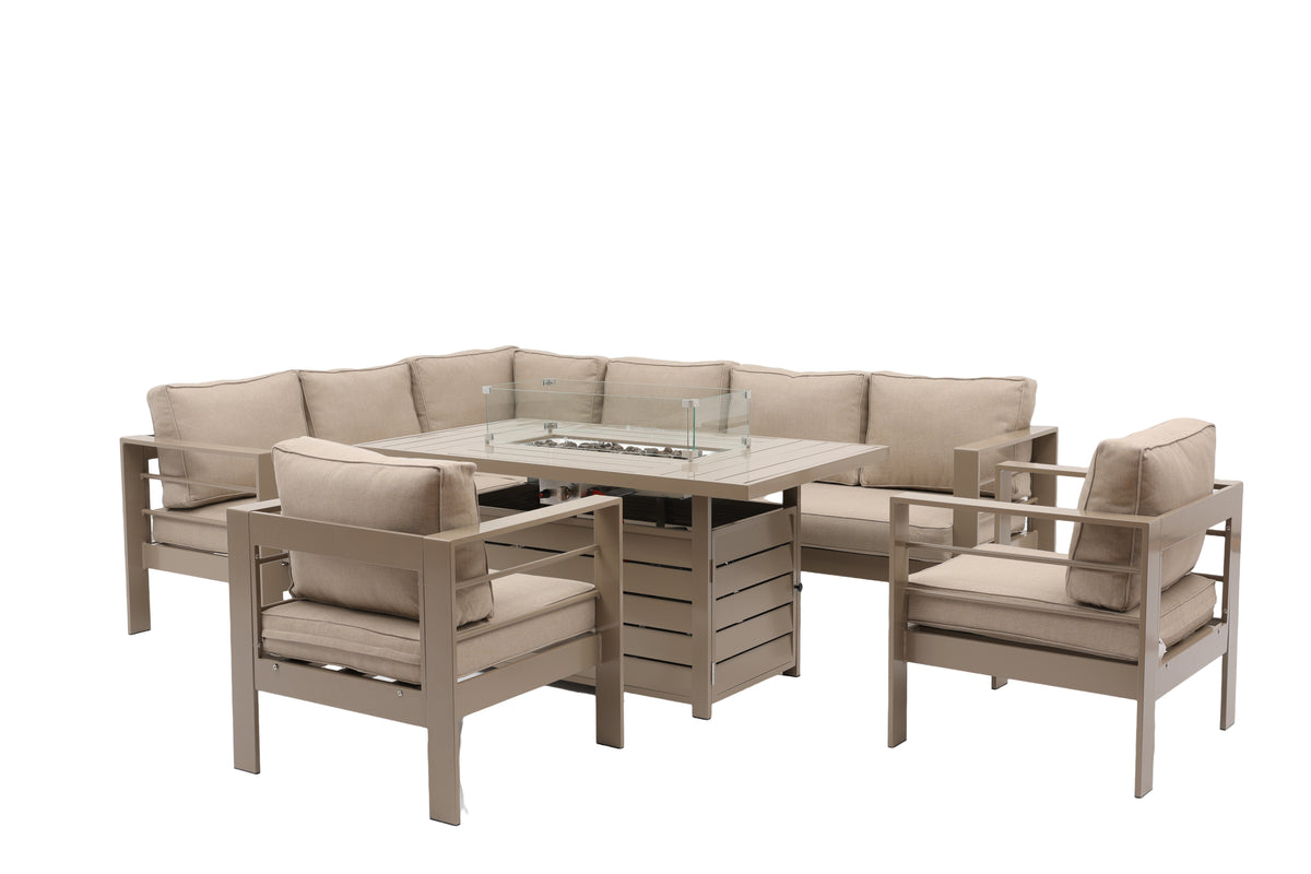 Aluminium Left-Hand Corner Garden Sofa Set with Fire Pit Table & Armchairs – Taupe / Natural