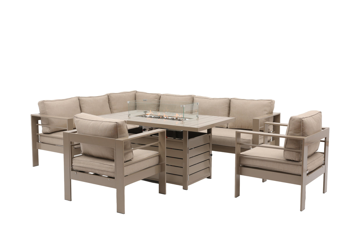 Aluminium Left-Hand Corner Garden Sofa Set with Fire Pit Table & Armchairs – Taupe / Natural