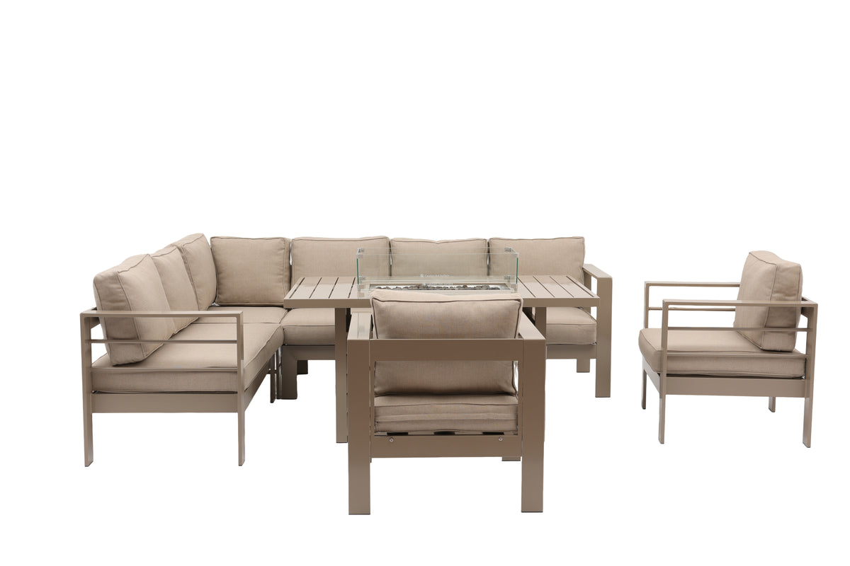 Aluminium Left-Hand Corner Garden Sofa Set with Fire Pit Table & Armchairs – Taupe / Natural