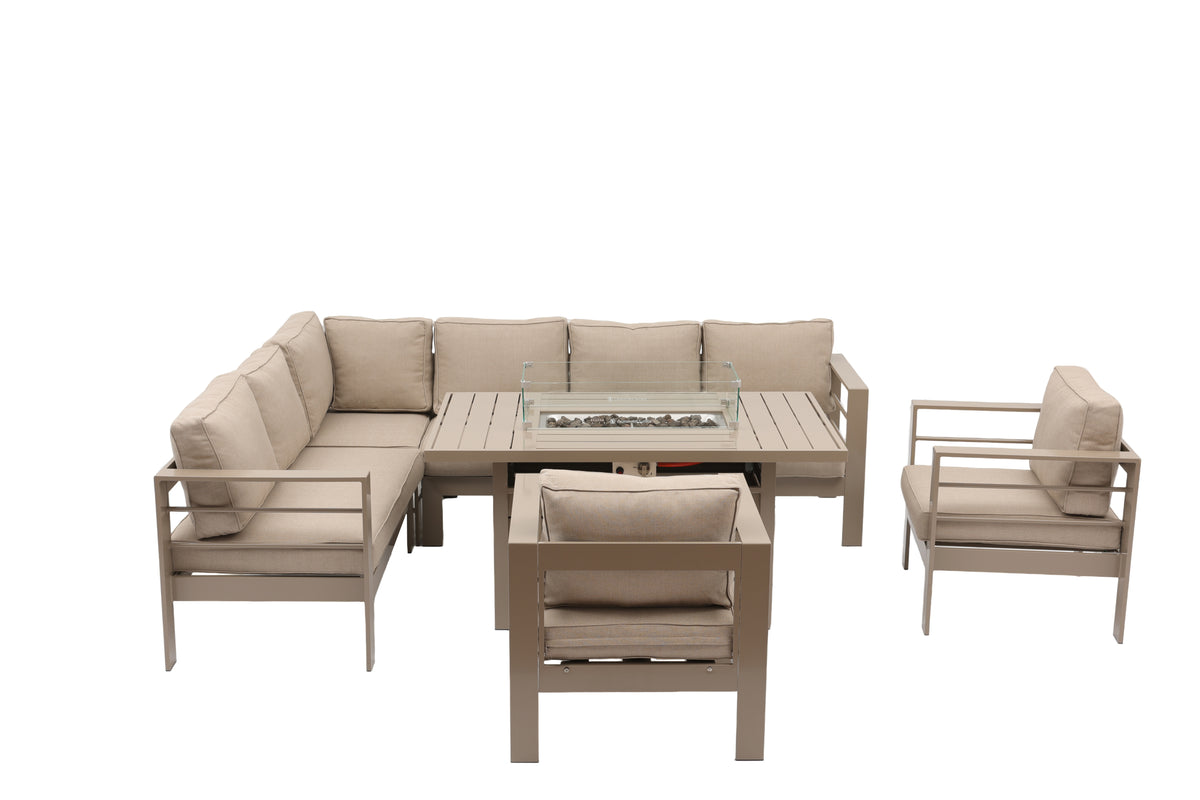 Aluminium Left-Hand Corner Garden Sofa Set with Fire Pit Table & Armchairs – Taupe / Natural