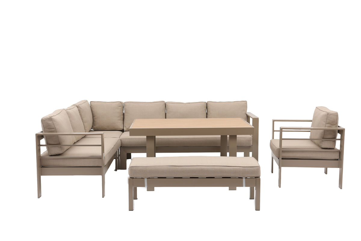 Aluminium Left Hand Corner Garden Sofa & Dining Set with Bench – Taupe / Natural