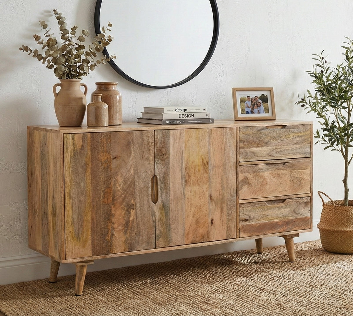 Solid Mango Wood Sideboard with 3 Drawers & Double Cupboard – 145 CMS