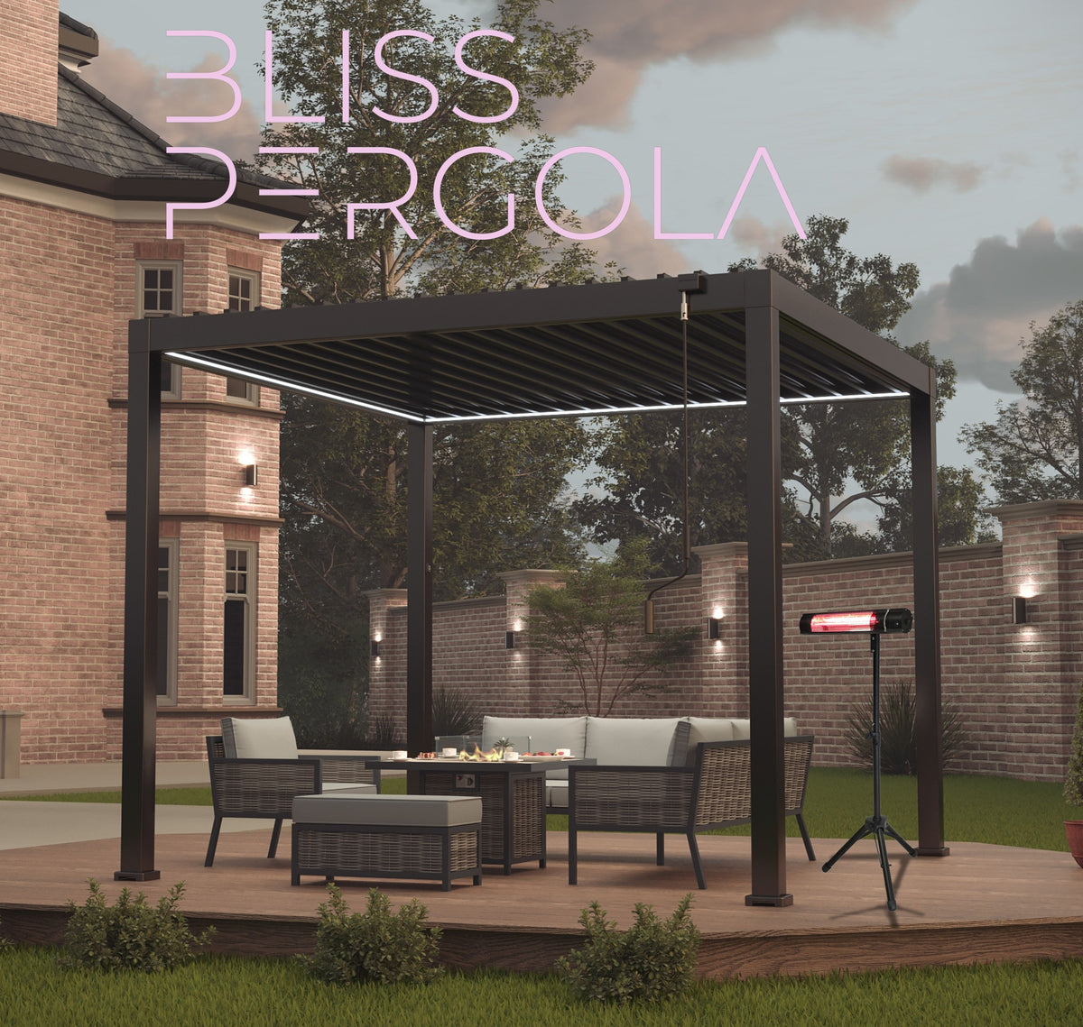 100% Aluminium LED Pergola with Double-Layered Louvered Roof 3 x 3m Grey