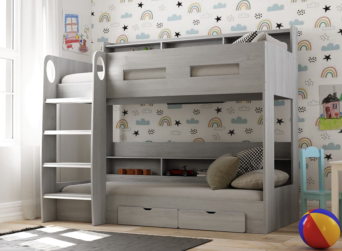 Oasis Grey Oak Bunk Bed Frame with Storage Drawers &amp; Shelves - 3ft Single Casa Maria Designs 