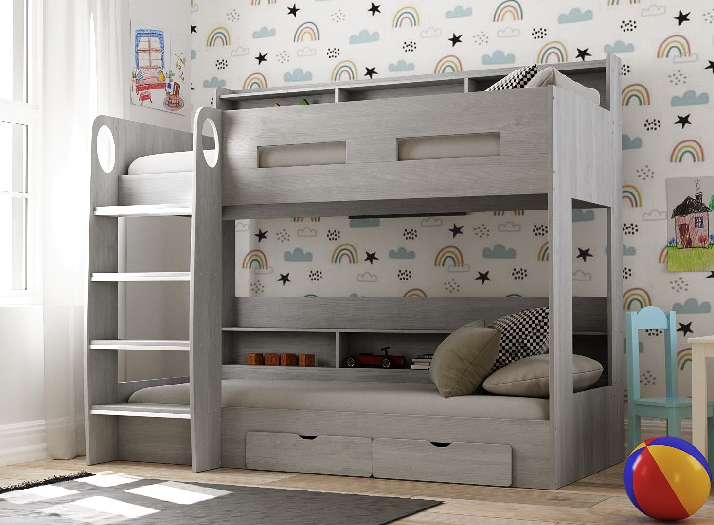 Oasis Grey Oak Bunk Bed Frame with Storage Drawers & Shelves - 3ft Single Casa Maria Designs 