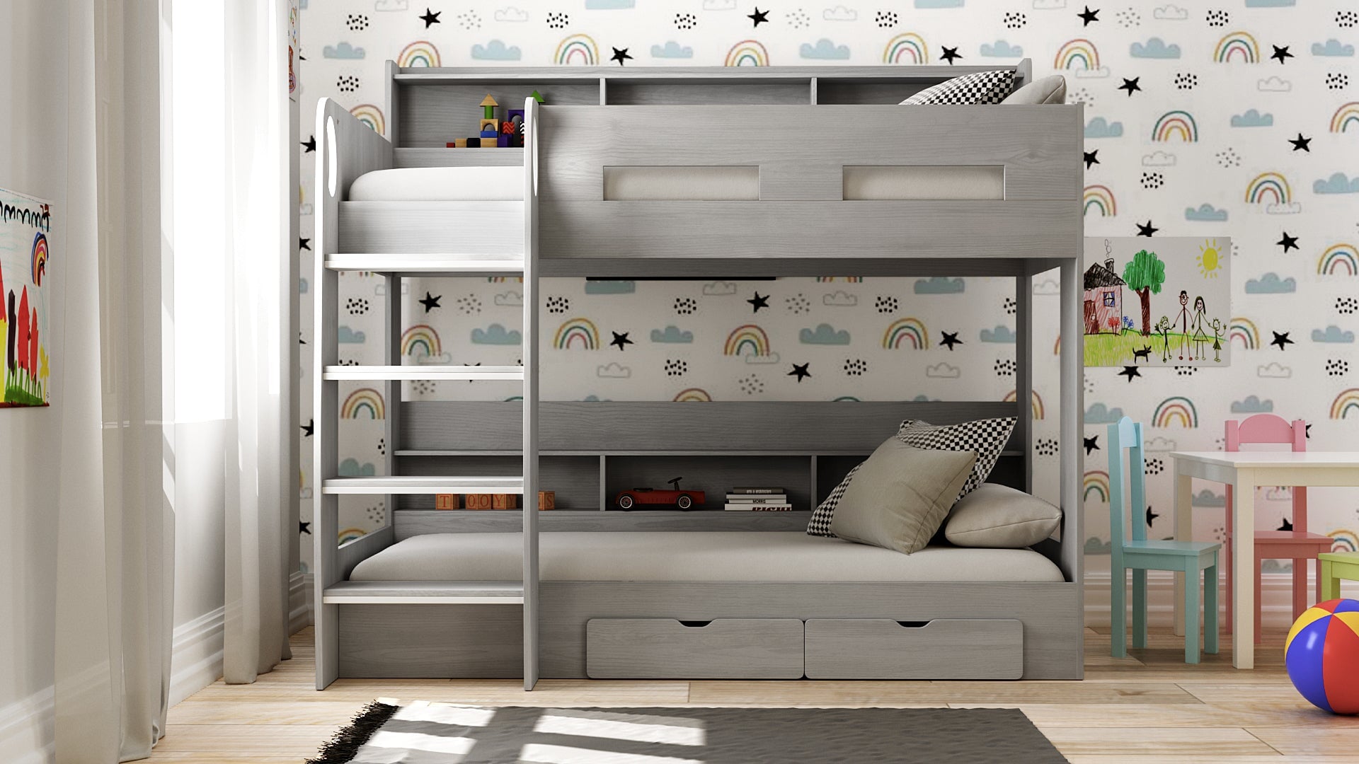 Oasis Grey Oak Bunk Bed Frame with Storage Drawers & Shelves - 3ft Single Casa Maria Designs 