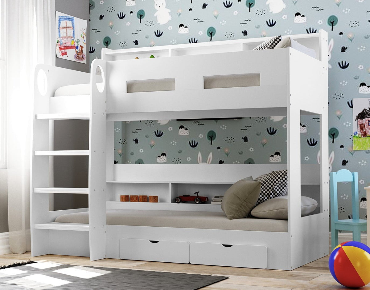 Oasis White Bunk Bed Frame with Storage Drawers &amp; Shelves - 3ft Single Casa Maria Designs 
