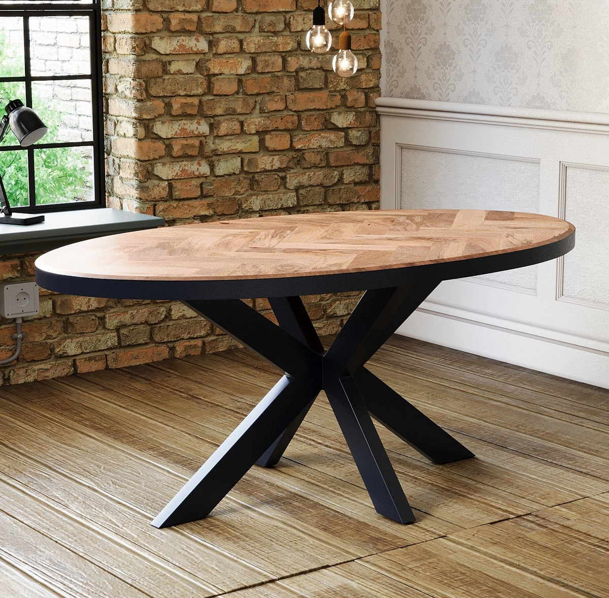 Oval Solid Wood Herringbone Dining Table | Black Iron Spider Base - 160cms Casa Maria Designs 