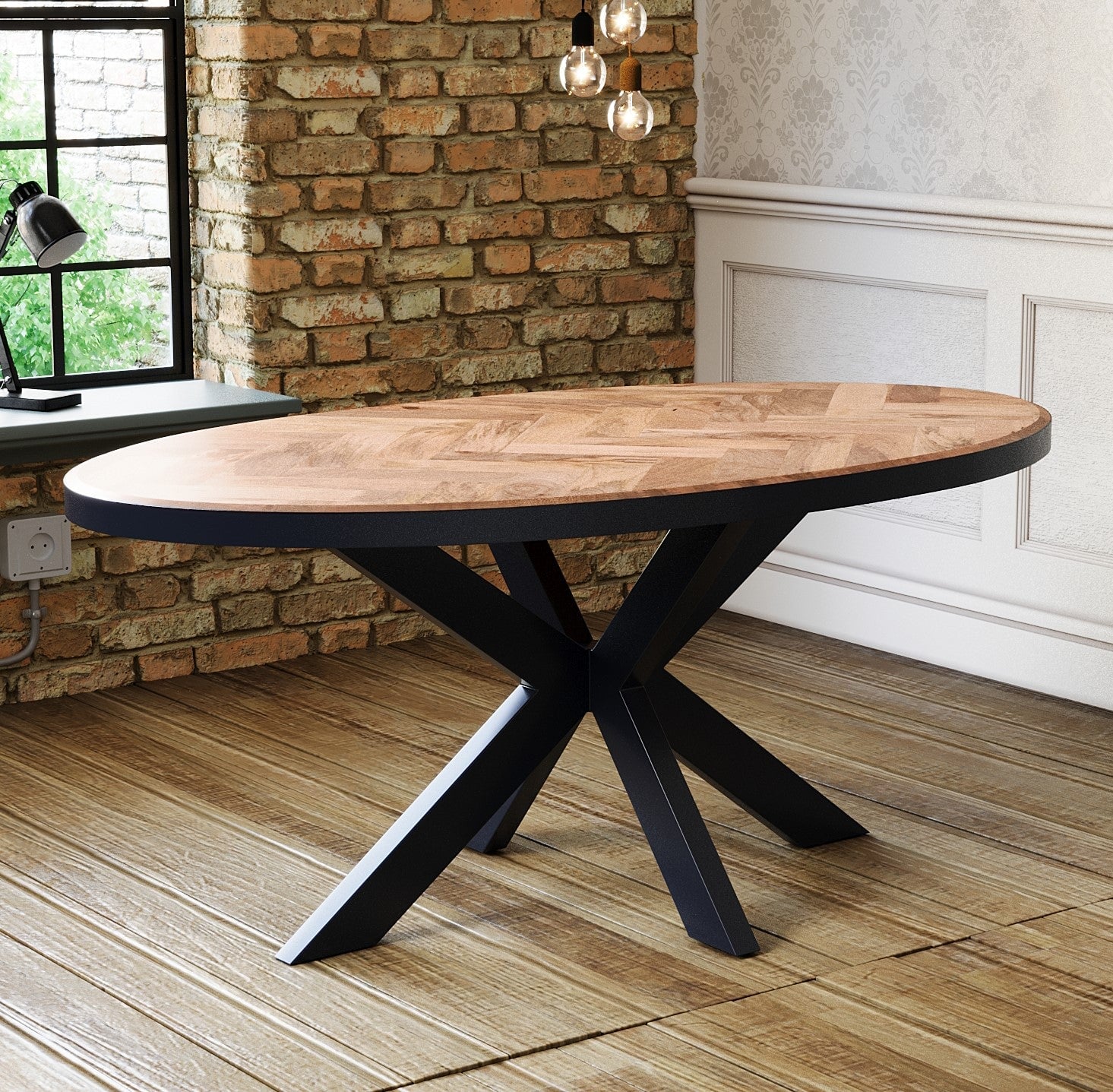 Elegant Oval Dining Table with Herringbone Accents for Luxurious Dining