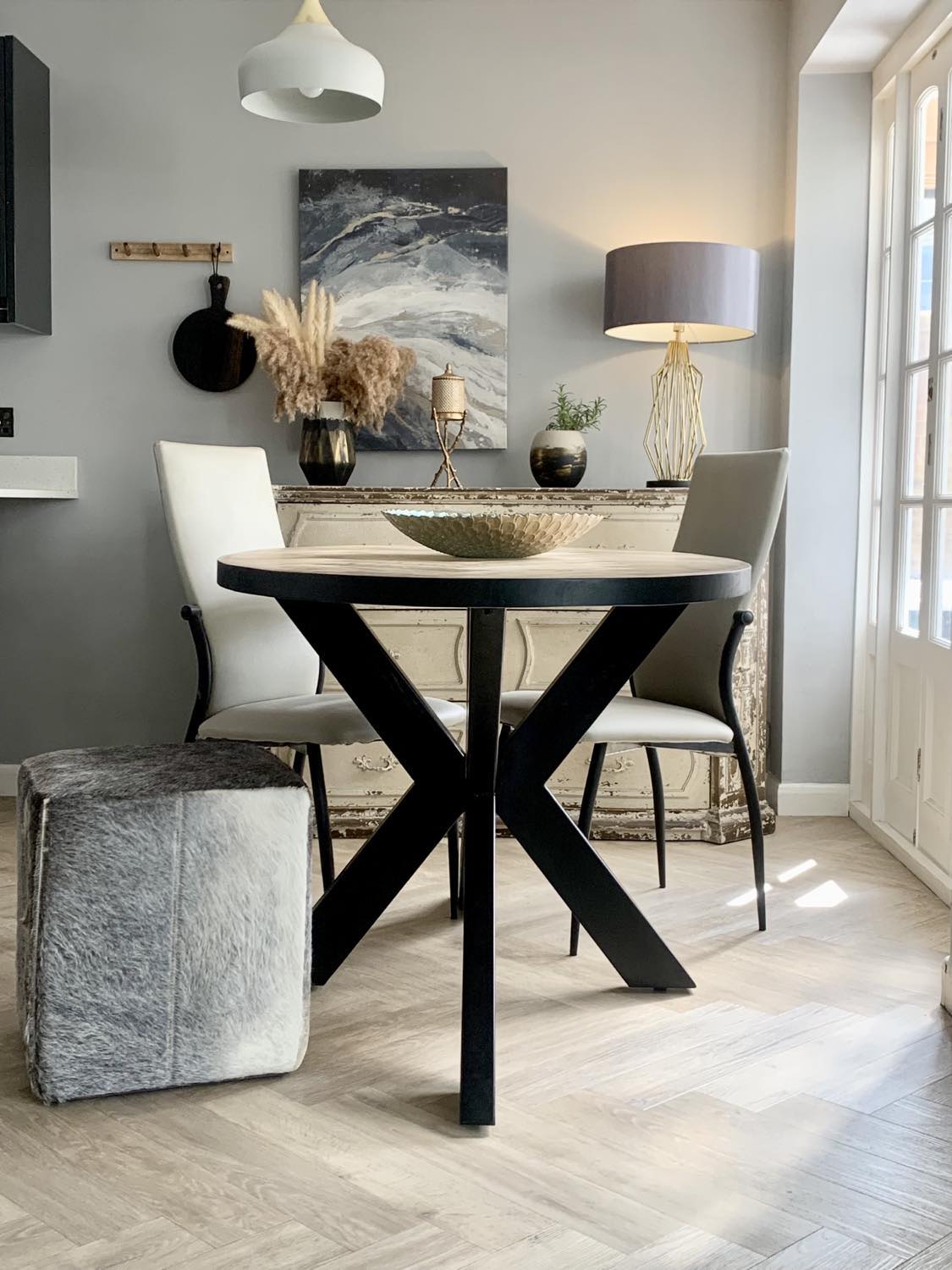 Oval Solid Wood Herringbone Dining Table | Black Iron Spider Base - 160cms Casa Maria Designs 