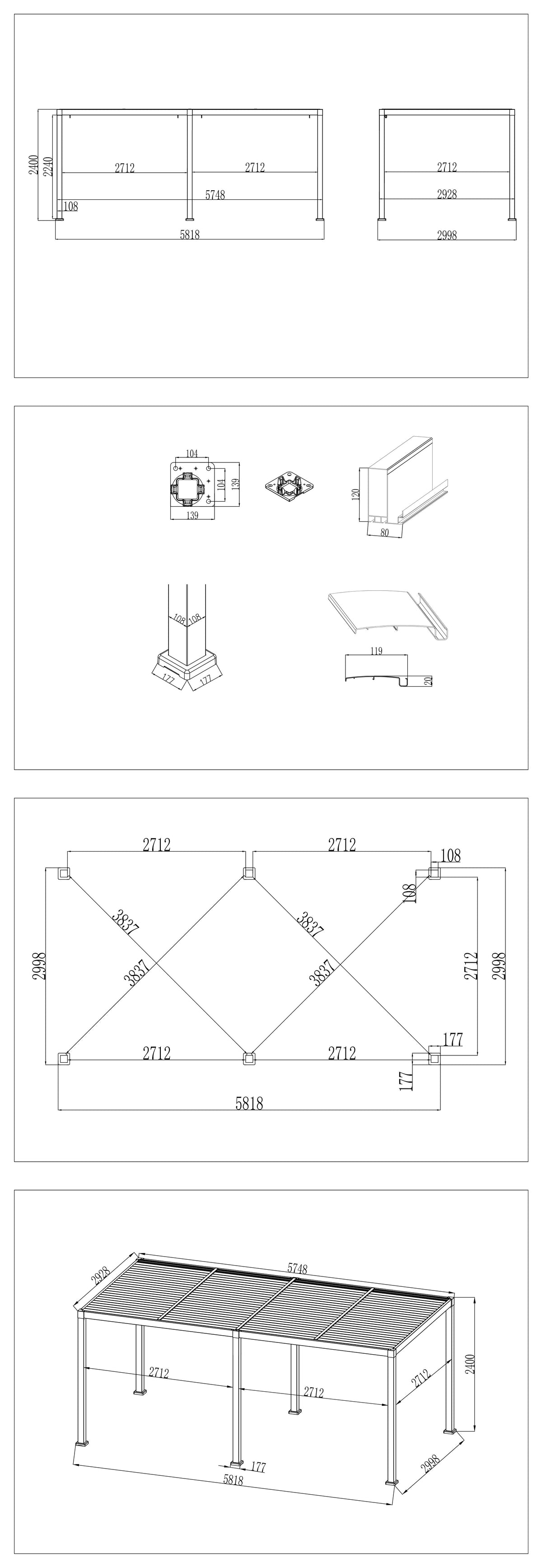 SplitZone™ 3×6m Grey Aluminium Pergola with LEDs, Mid-Beam Louvred Roof &amp; Blinds