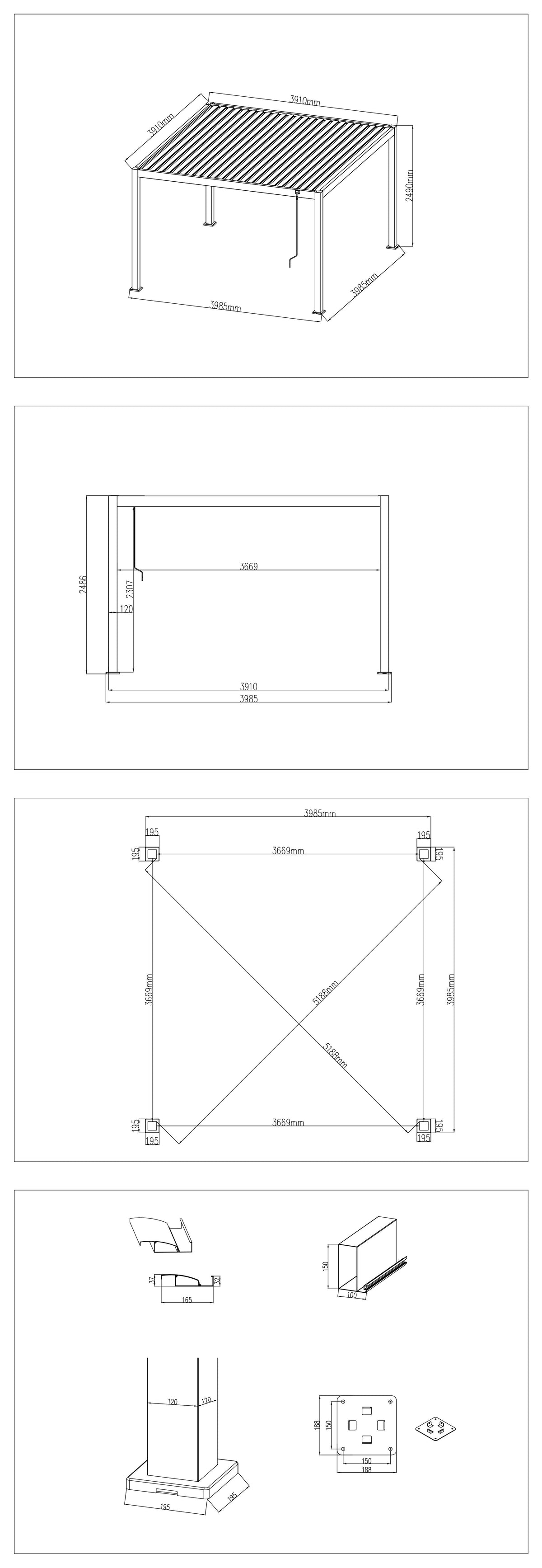 LuxShade™ 4×4m Aluminium Pergola with LEDs, Double-Layered Louvred Roof &amp; 3 Blinds