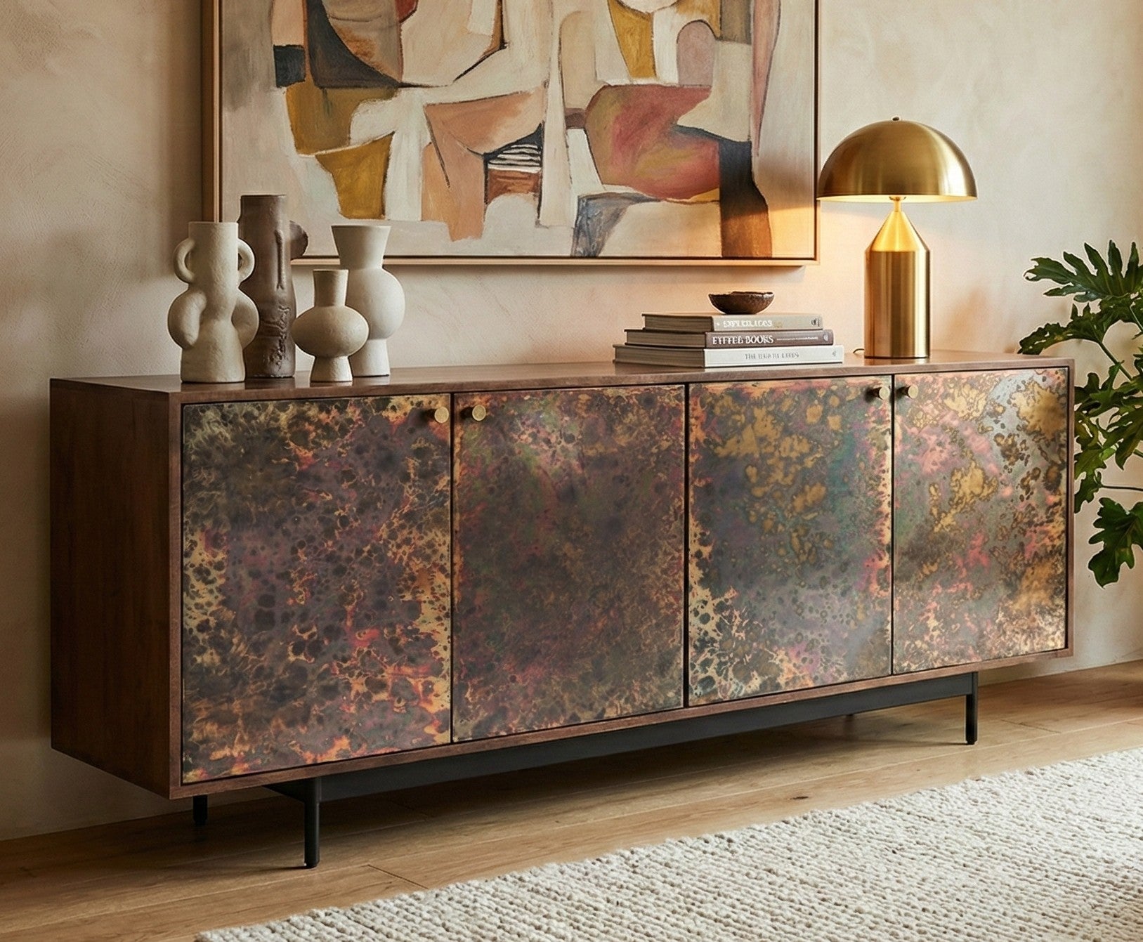 Statement Sideboard Handcrafted Reactive Patina Metal 4-Door Mango Wood Sideboard (180 cm ...
