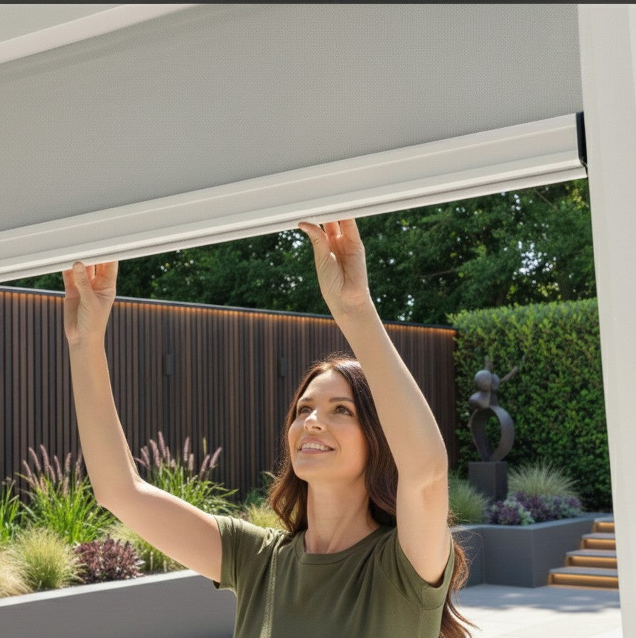 LuxShade™ 3×4m Pebble Aluminium Pergola with LEDs, Double-Layered Roof & 3 Blinds