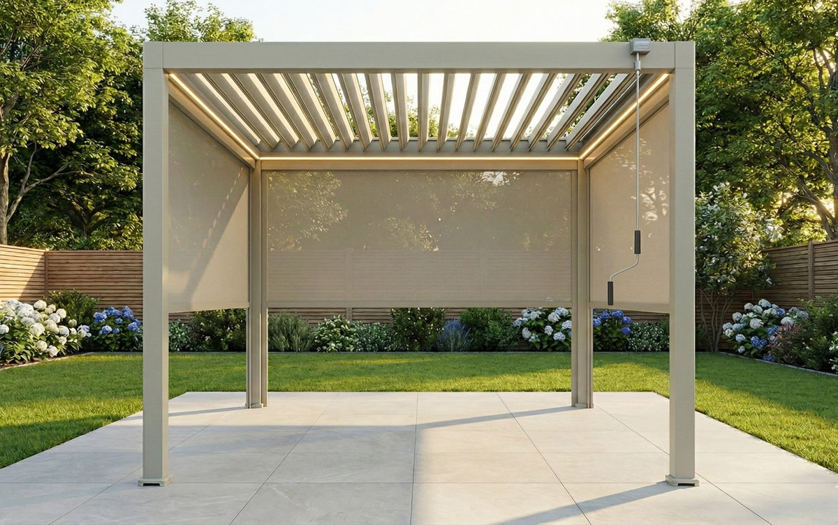 LuxShade™ 3×3m Pebble Aluminium Pergola with LEDs, Double-Layered Roof & 3 Blinds