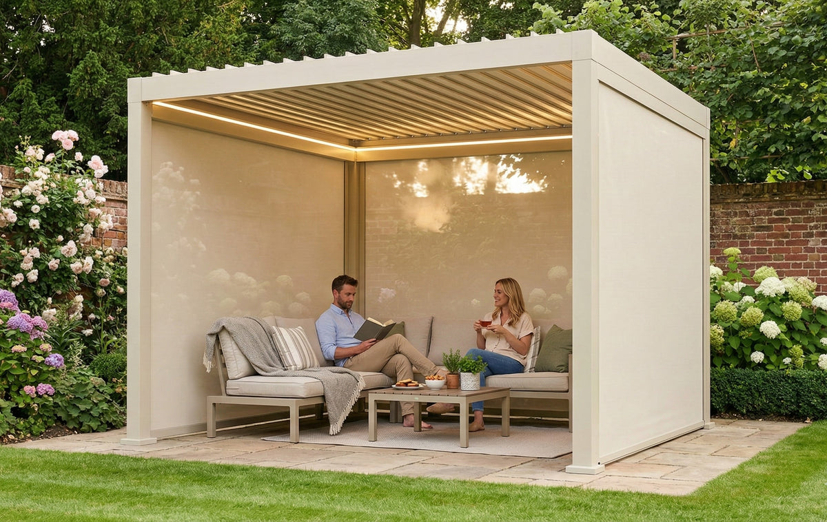 LuxShade™ 3×3m Pebble Aluminium Pergola with LEDs, Double-Layered Roof & 3 Blinds