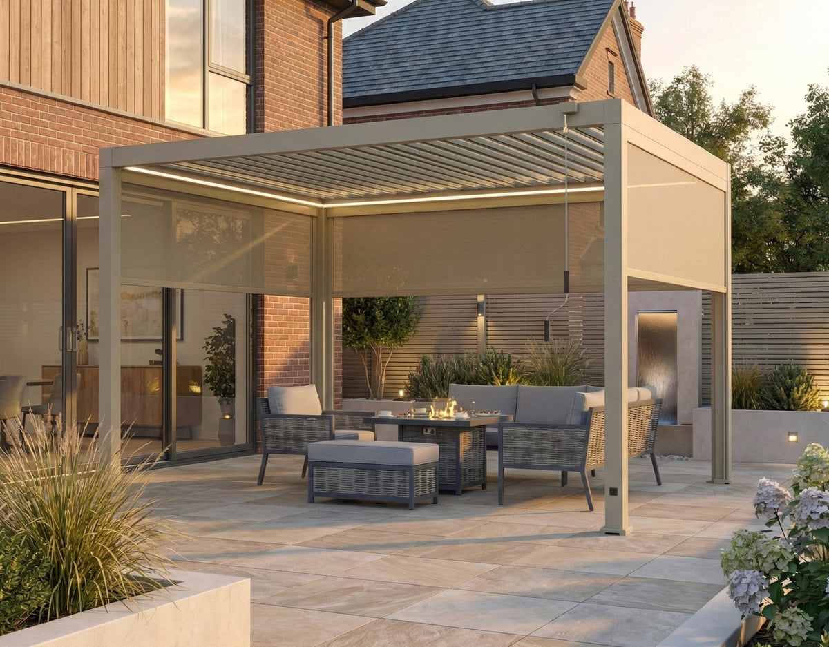 LuxShade™ 3×4m Pebble Aluminium Pergola with LEDs, Double-Layered Roof & 3 Blinds