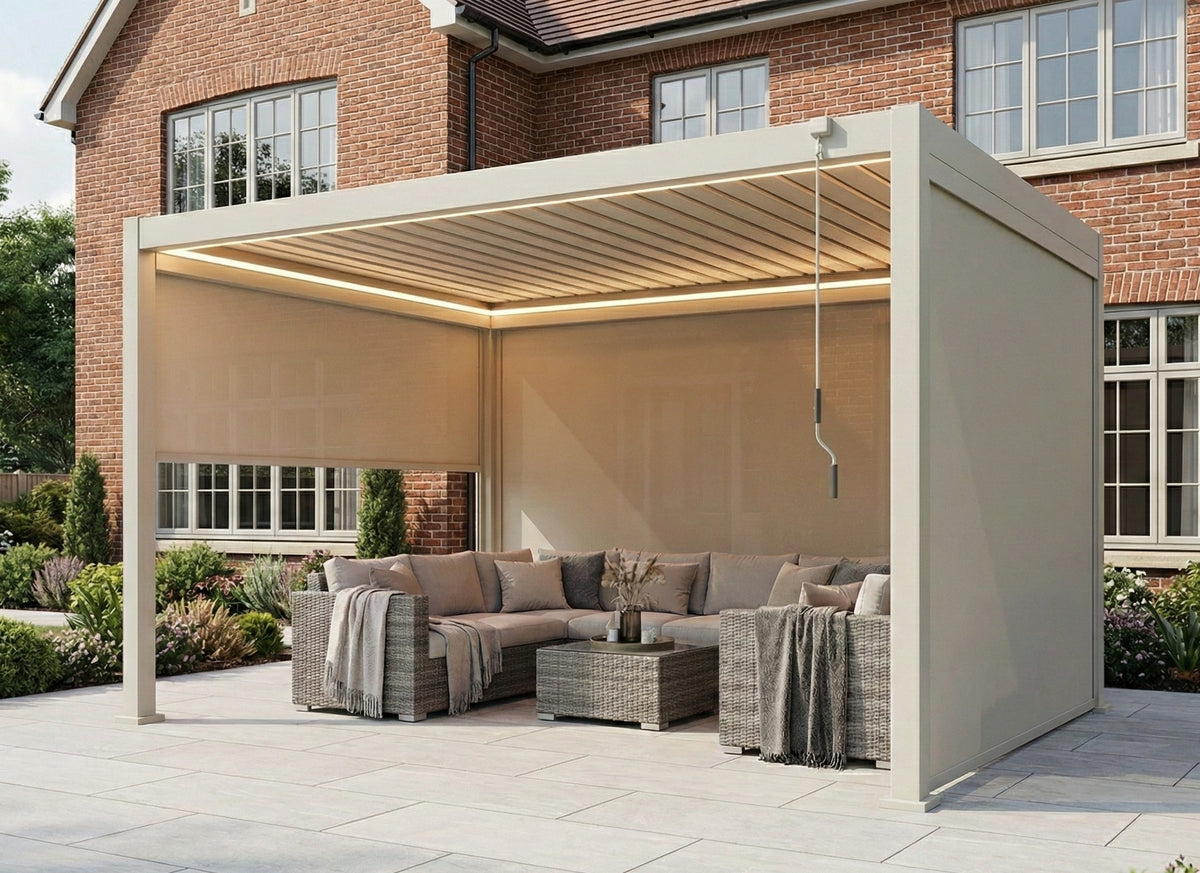 LuxShade™ 3×4m Pebble Aluminium Pergola with LEDs, Double-Layered Roof & 3 Blinds