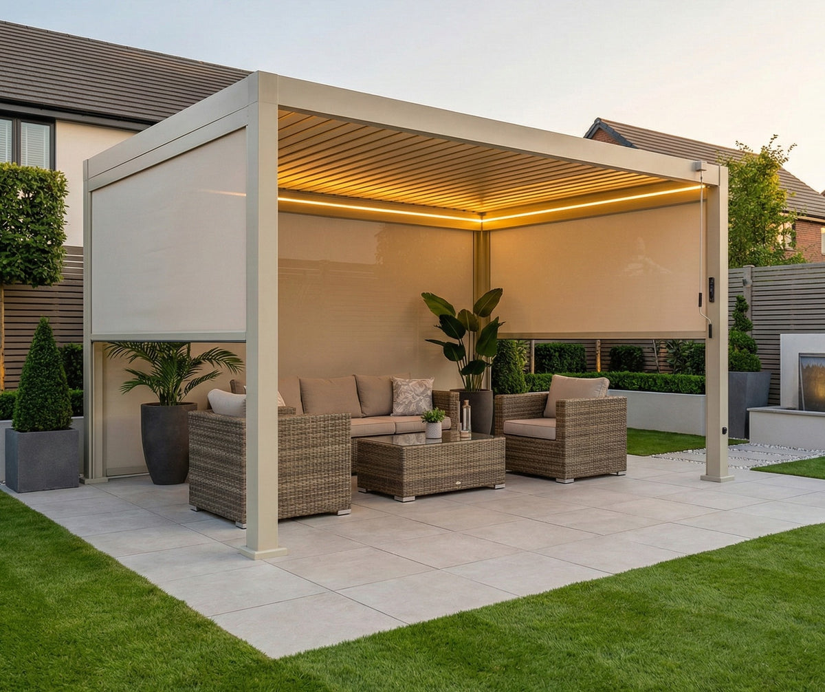 LuxShade™ 3×4m Pebble Aluminium Pergola with LEDs, Double-Layered Roof & 3 Blinds