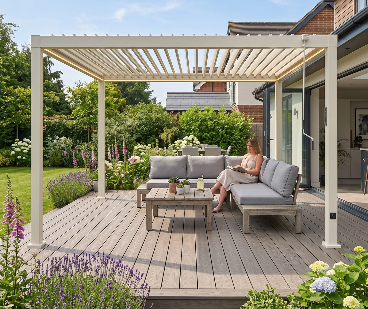 LuxShade™ 3×4m Pebble Aluminium Pergola with LEDs, Double-Layered Roof