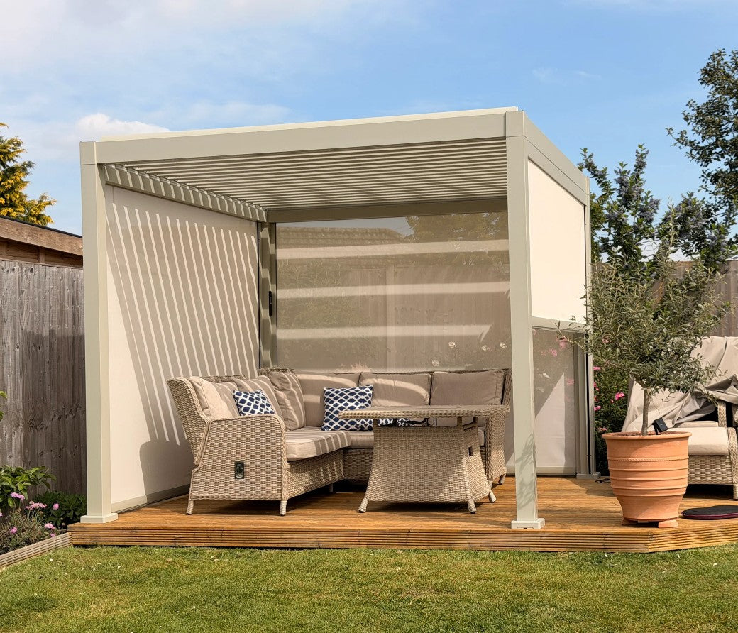 LuxShade™ 3×3m Pebble Aluminium Pergola with LEDs, Double-Layered Roof & 3 Blinds