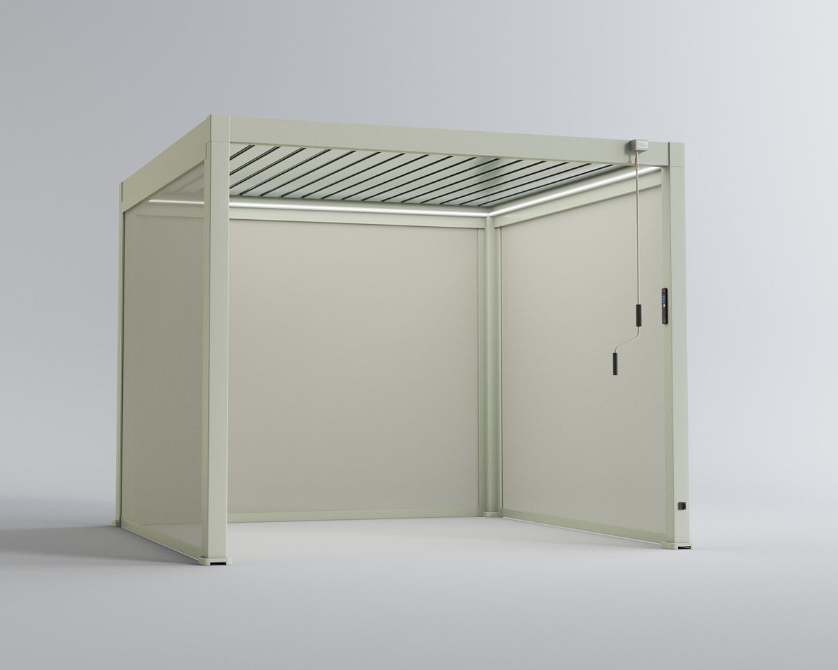 LuxShade™ 3×3m Pebble Aluminium Pergola with LEDs, Double-Layered Roof & 3 Blinds