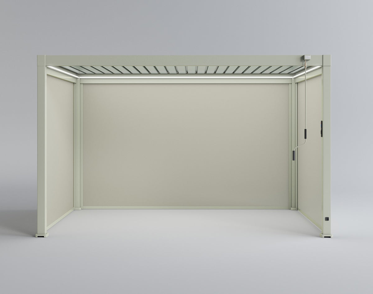 LuxShade™ 3×4m Pebble Aluminium Pergola with LEDs, Double-Layered Roof & 3 Blinds