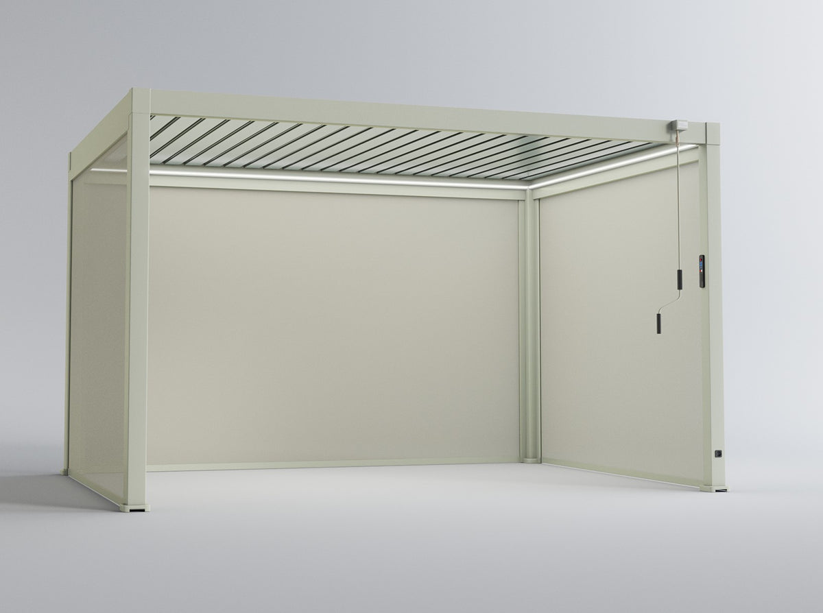 LuxShade™ 3×4m Pebble Aluminium Pergola with LEDs, Double-Layered Roof & 3 Blinds