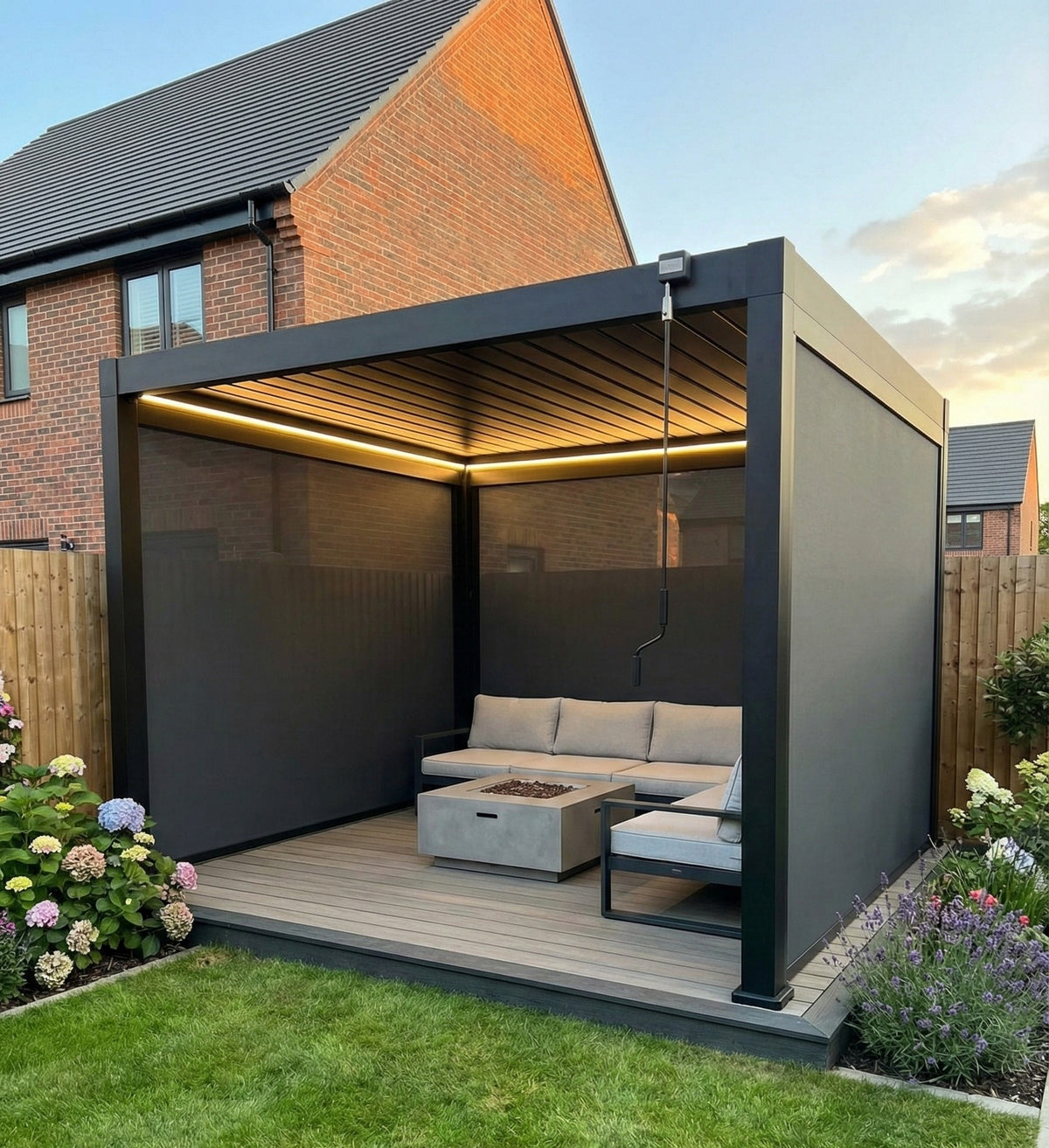 LuxShade™ 3×3m Aluminium Pergola with LEDs, Double-Layered Louvred Roof & 3 Blinds