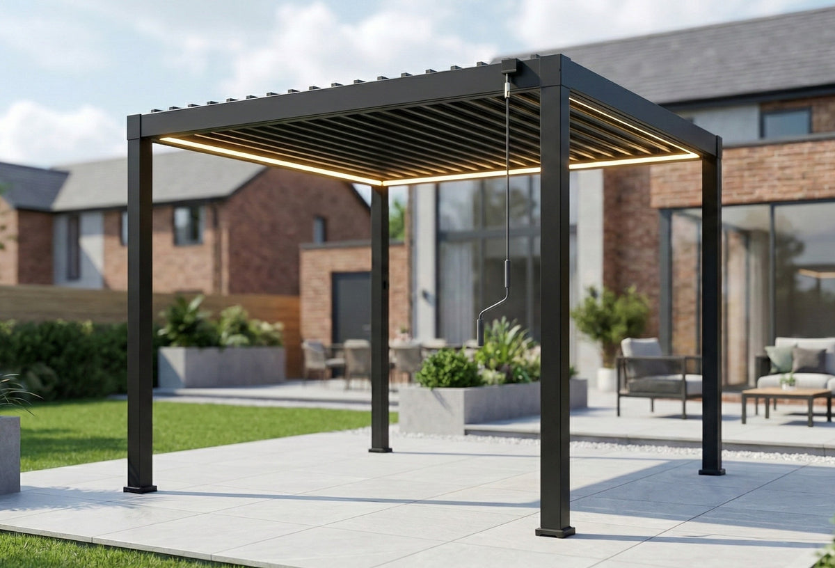 LuxShade™ 3×3m Aluminium Pergola with LEDs, Double-Layered Louvred Roof