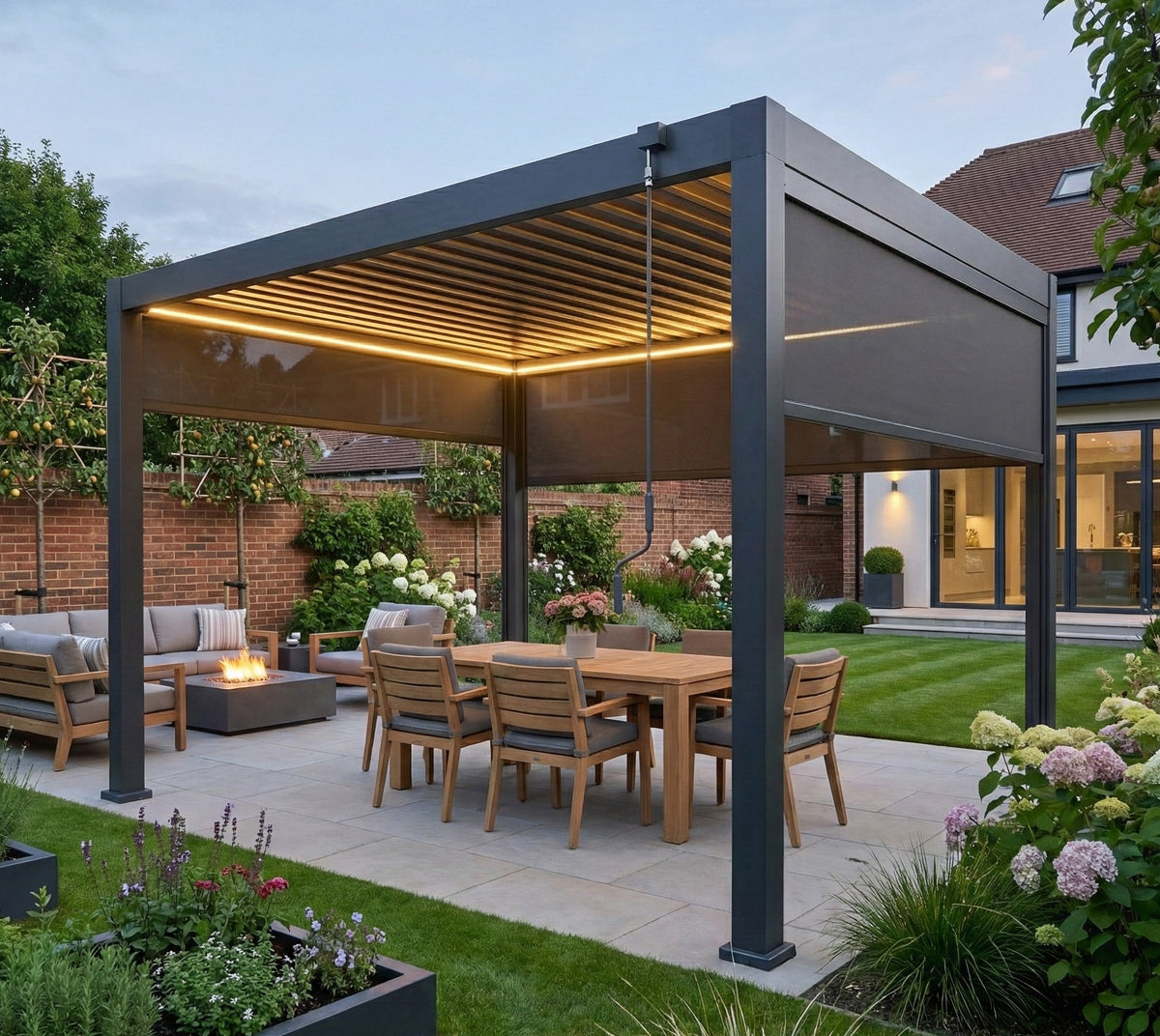 LuxShade™ 3×4m Aluminium Pergola with LEDs, Double-Layered Louvred Roof & 3 Blinds