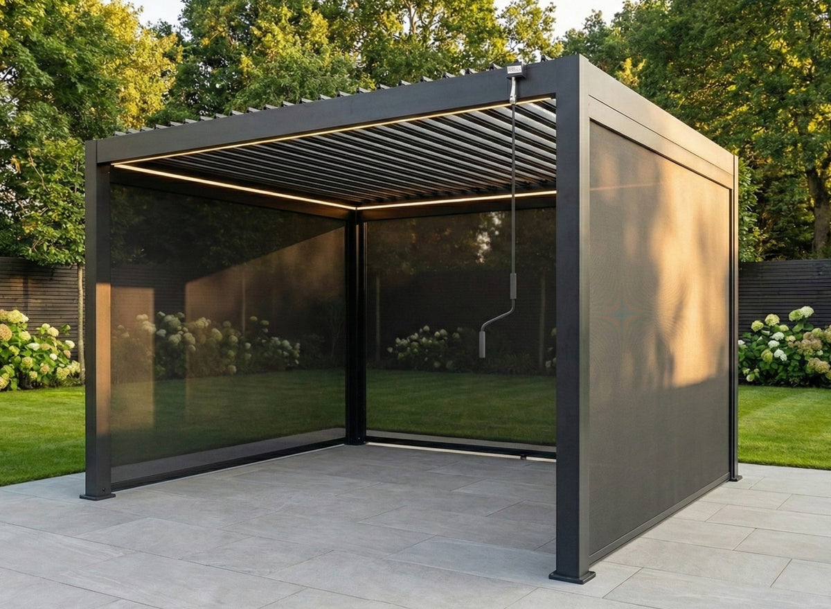 LuxShade™ 3×4m Aluminium Pergola with LEDs, Double-Layered Louvred Roof & 3 Blinds