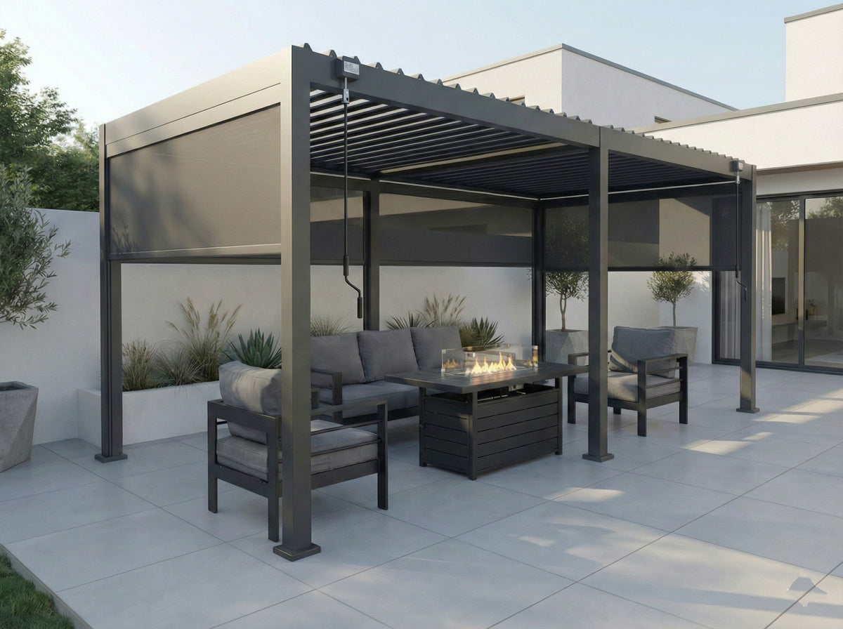 LuxShade™ 3×6m Aluminium Pergola with LEDs, Double-Layered Louvred Roof & Blinds