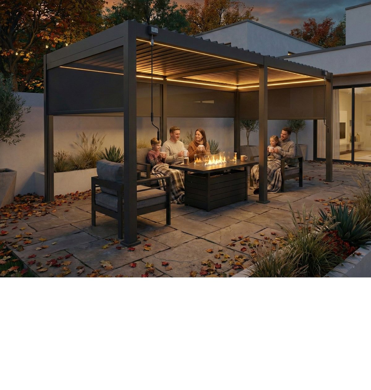 LuxShade™ 3×6m Aluminium Pergola with LEDs, Double-Layered Louvred Roof & Blinds