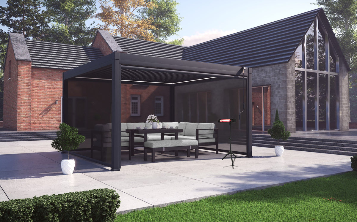 LuxShade™ 4×4m Aluminium Pergola with LEDs, Double-Layered Louvred Roof &amp; 3 Blinds