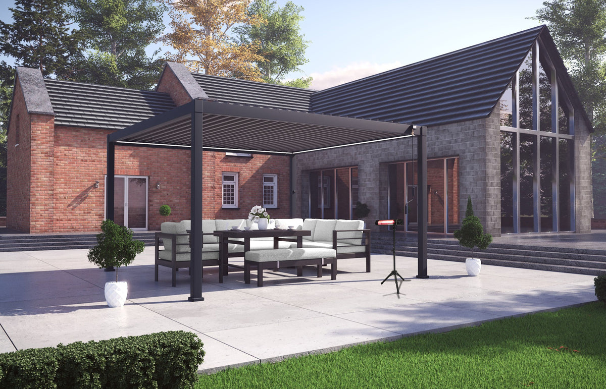 LuxShade™ 4×4m Aluminium Pergola with LEDs, Double-Layered Louvred Roof