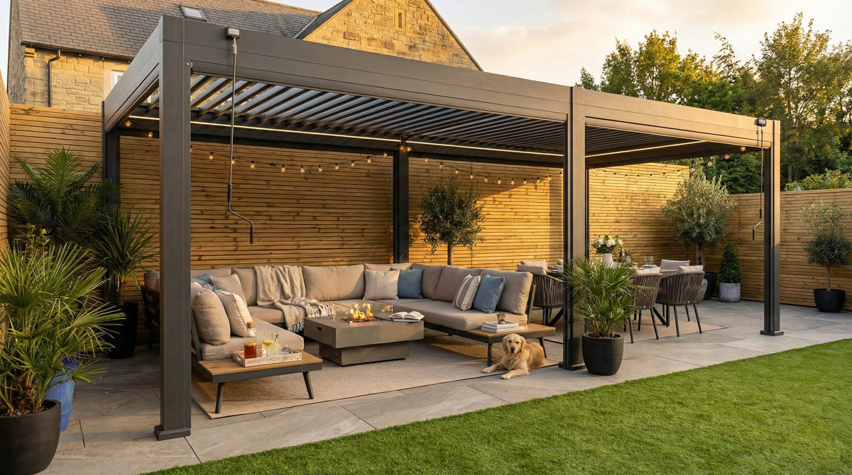 LuxShade™ 3×6m Aluminium Pergola with LEDs, Double-Layered Louvred Roof