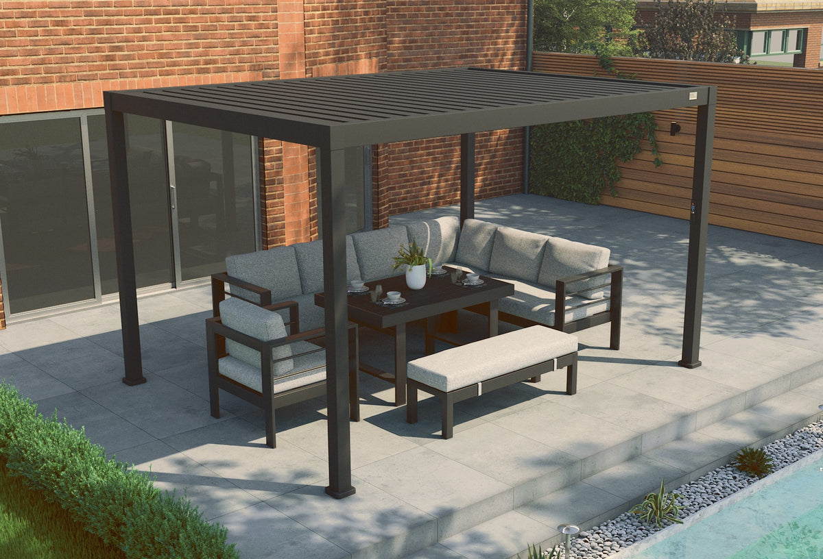 MotaShade™ 3×4m Motorised Aluminium Pergola – Double‑Layer Louvers, LED Lighting