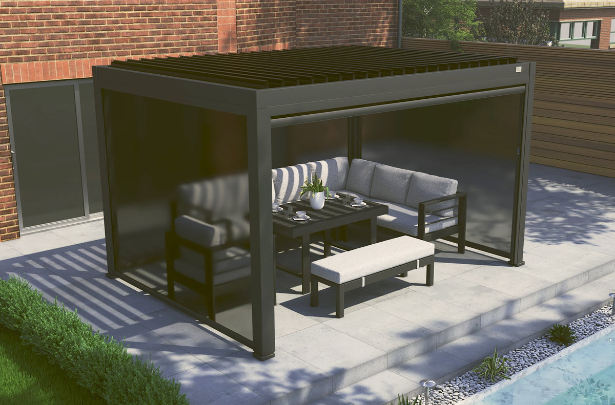 MotaShade™ 3×4m Motorised Aluminium Pergola – Double‑Layer Louvers, LEDs &amp; 3 Zip Blinds