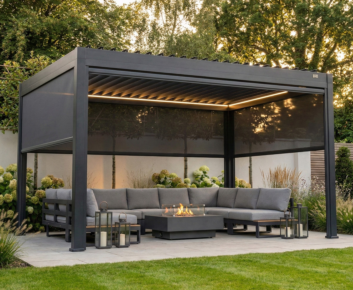 MotaShade™ 3×4m Motorised Aluminium Pergola – Double‑Layer Louvers, LEDs & 3 Zip Blinds