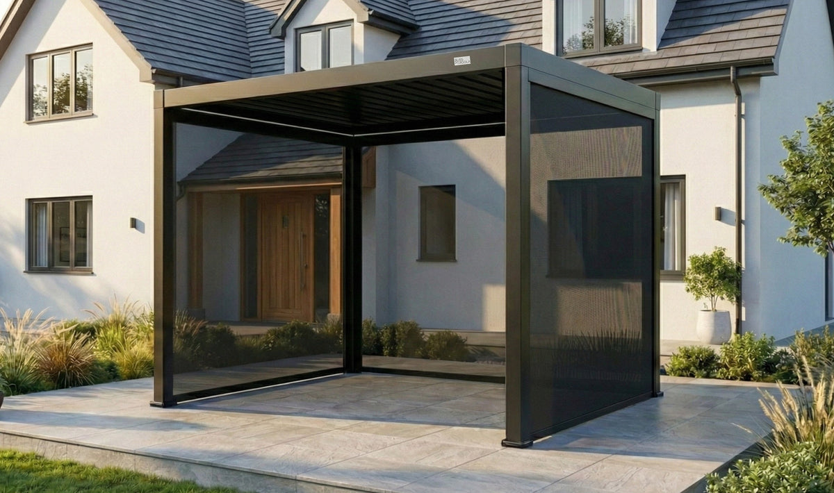 MotaShade™ 3×3m Motorised Aluminium Pergola – Double‑Layer Louvers, LEDs & 3 Zip Blinds