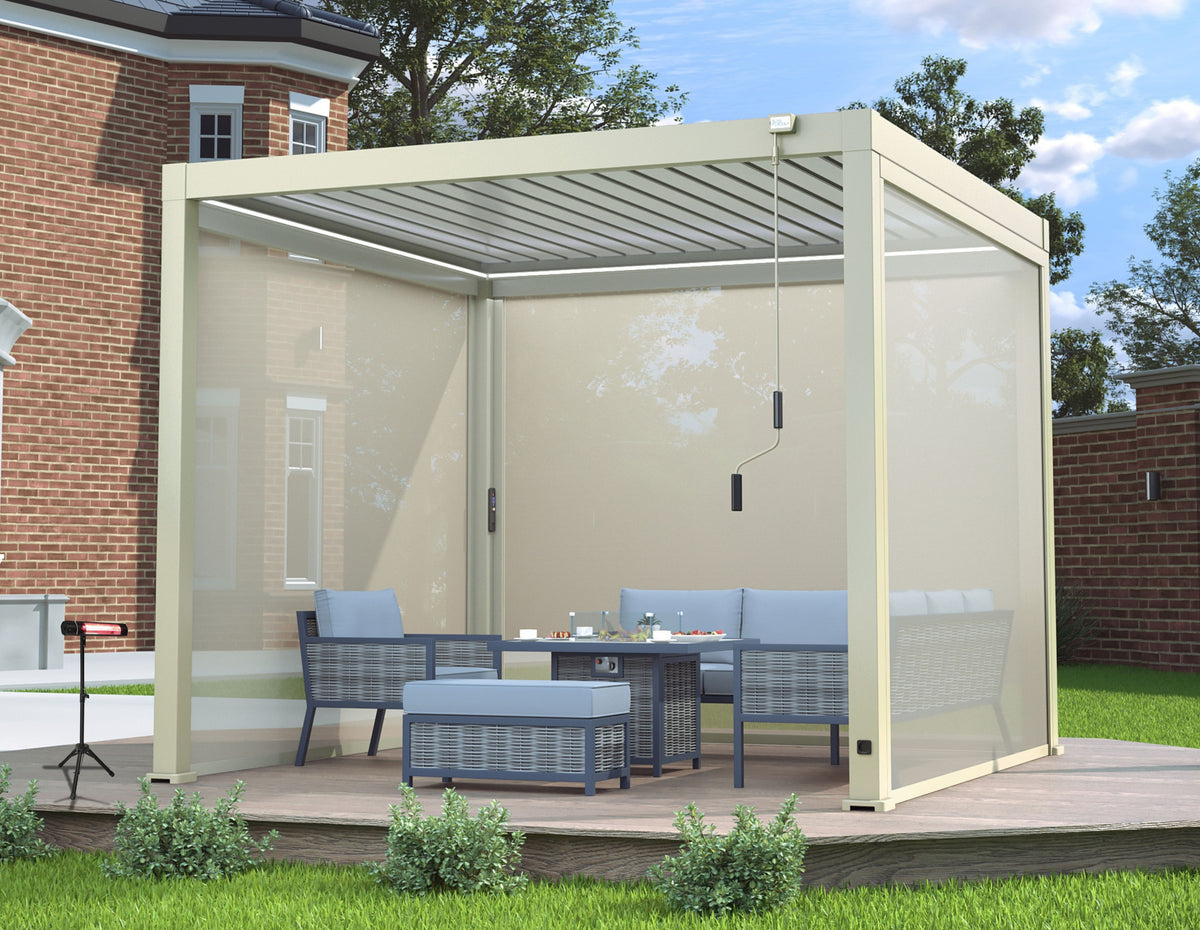 LuxShade™ 3×3m Pebble Aluminium Pergola with LEDs, Double-Layered Roof & 3 Blinds