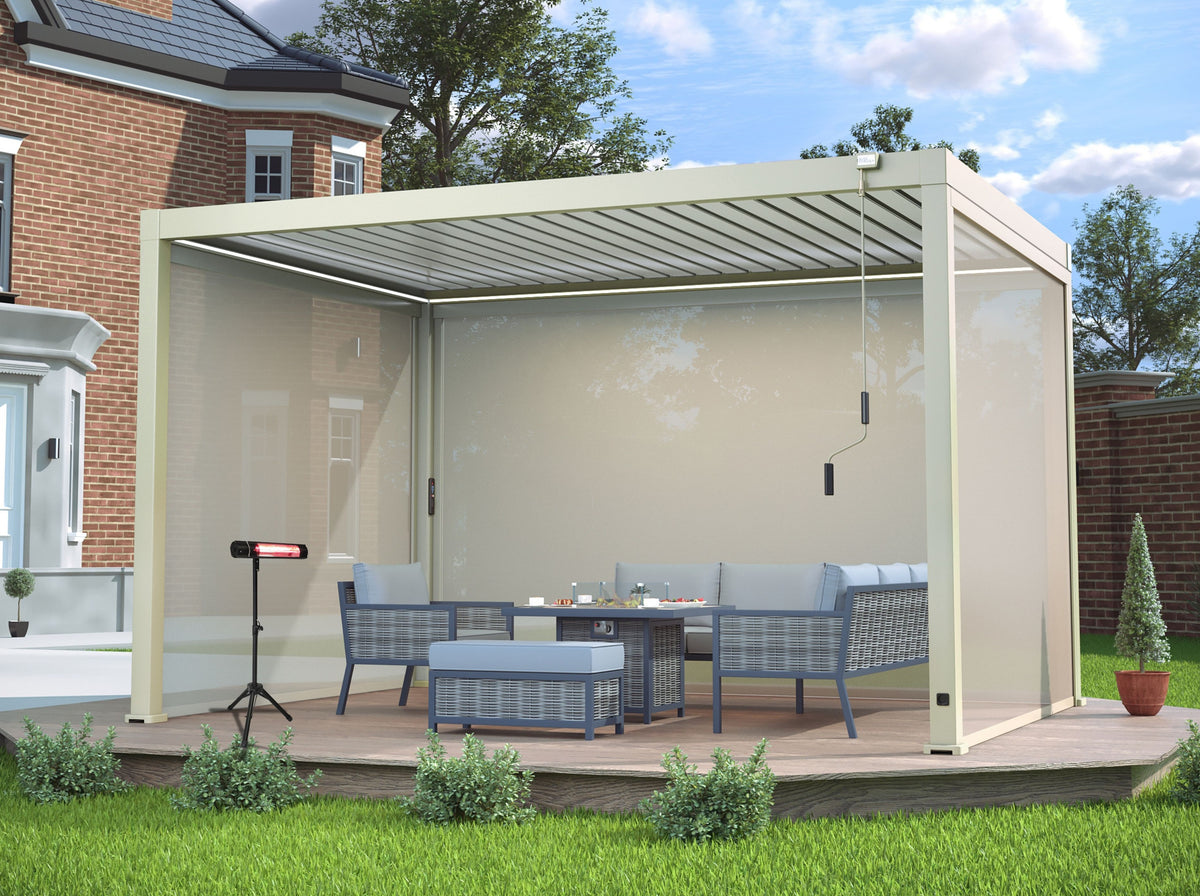 LuxShade™ 3×4m Pebble Aluminium Pergola with LEDs, Double-Layered Roof & 3 Blinds